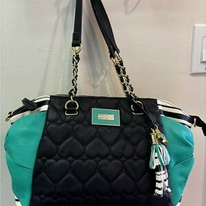Betsey Johnson Stylish Black and Teal quilted chain Handbag NWOT used once.